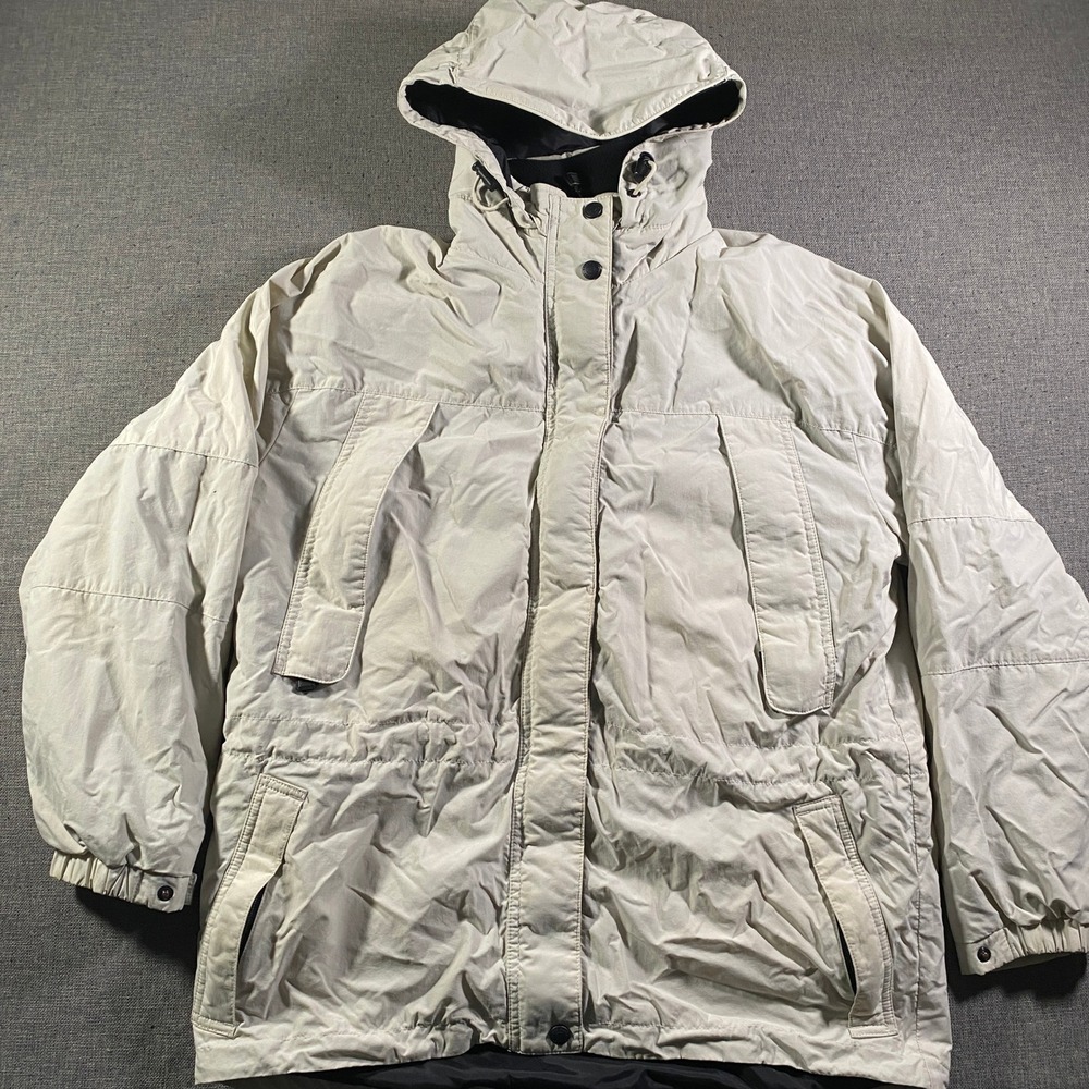 Vintage Eddie Bauer Womens Beige Hooded Fleece Lined Chore Barn Parka Jacket M